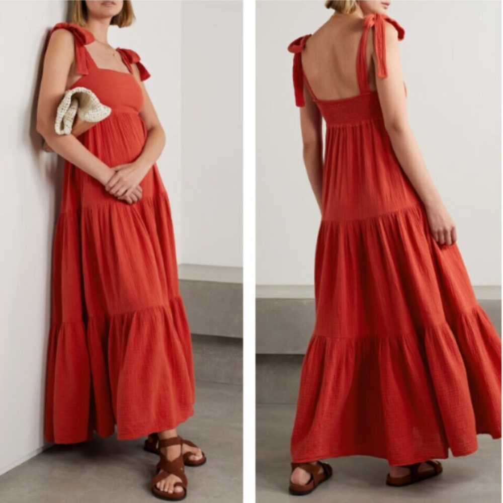 Honorine Marguerite Cotton Gauze Maxi Dress Tiered Tie Strap Terracotta Small